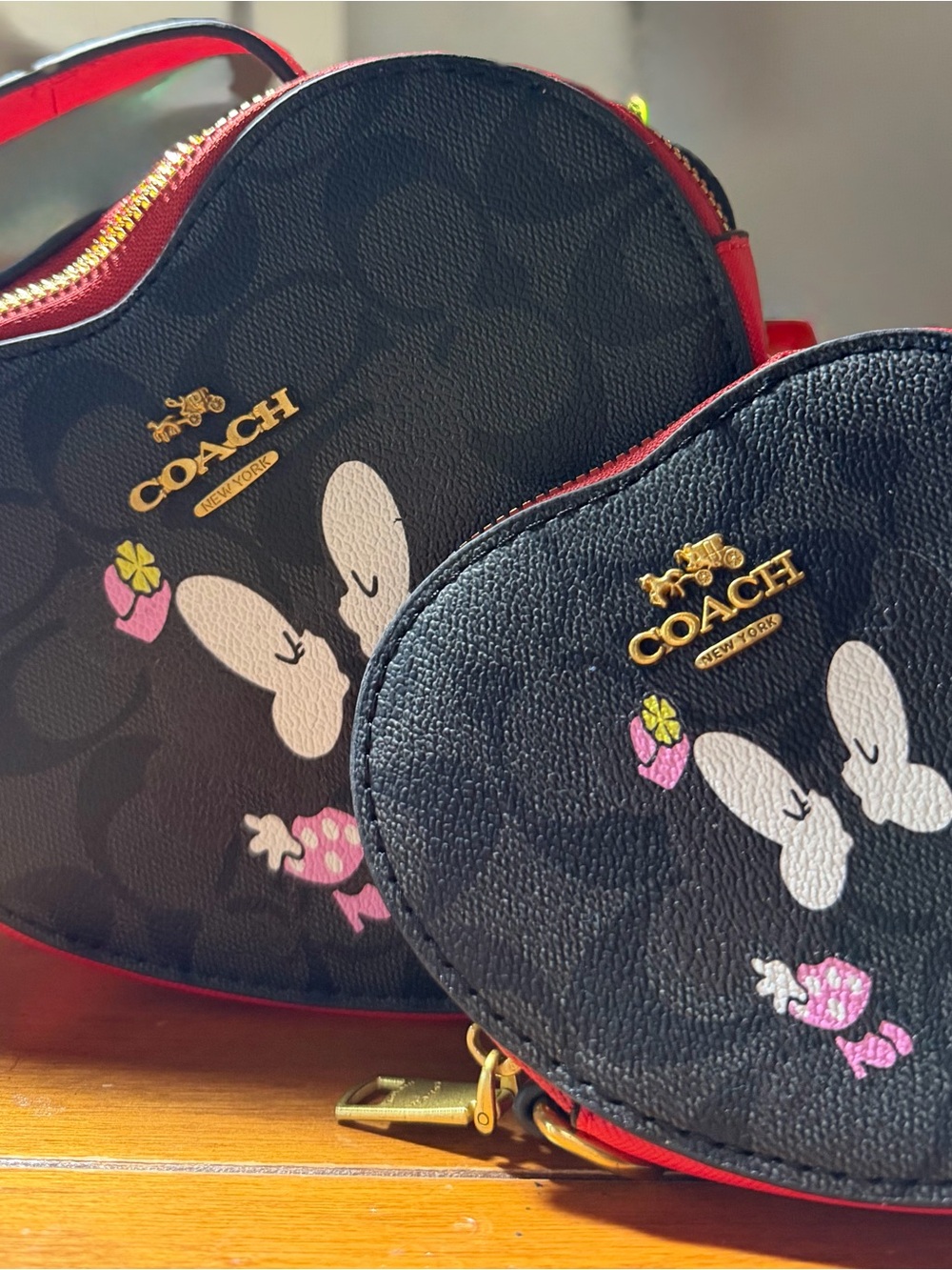 Coach Kids RED & DARK Heart Crossbody Bag with MINNIE & Mickey Accents